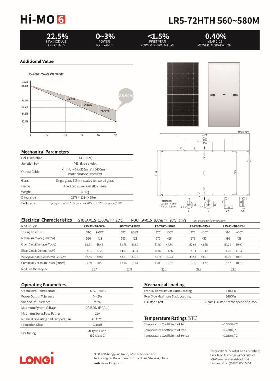 Thông số pin LONGi 580W